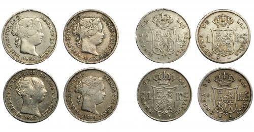 289   -  ISABEL II. Lote de 4 monedas de 1 real: Madrid (1857 y 1859); Sevilla (1852) y Barcelona (1860). De MBC- a MBC+.