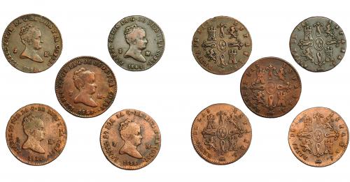 290   -  ISABEL II. Lote de 5 monedas de 2 maravedís de Segovia: 1838 (2), 1842, 1843 y 1847. De BC a MBC-.