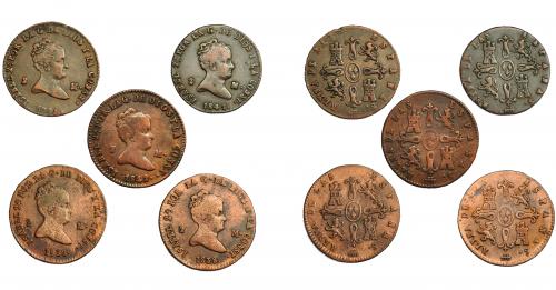 290 - ISABEL II. Lote de 5 monedas de 2 maravedís de Segovia: 1838 (2), 1842, 1843 y 1847. De BC a MBC-.