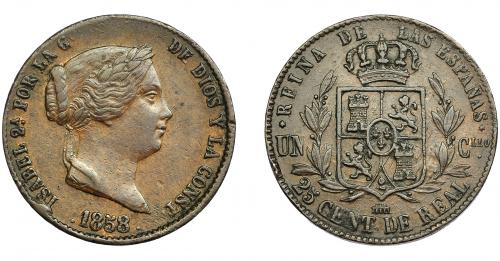 295   -  ISABEL II. 25 céntimos de real. 1858. Segovia. VI-149. MBC.