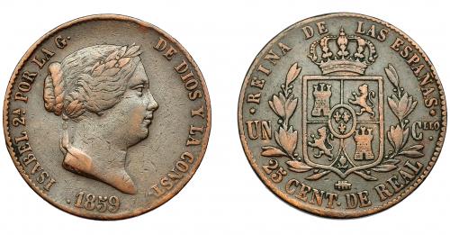 296   -  ISABEL II. 25 céntimos de real. 1859. Segovia. VI-150. MBC-.