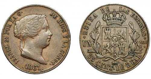 297 - ISABEL II. 25 céntimos de real. 1861. Segovia. VI-152. Rayitas en anv. MBC.