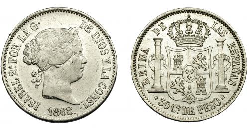 298   -  ISABEL II. 50 centavos de peso. 1868. Manila. MBC.