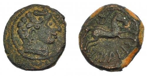 3 - HISPANIA ANTIGUA. ARSAOS. Cuadrante. A/ Cabeza masculina a der. R/ Caballo saltando a der., encima creciente con cruz, debajo ley. ibérica ARSAOS. AE 3,2 g. 16,88 mm. I-152. ACIP-1648. Pátina osscura. MBC-/MBC. Rara.