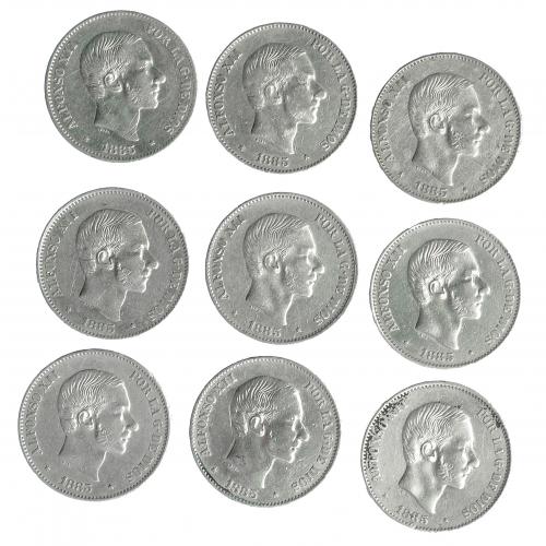 300 - ALFONSO XII. Lote de 9 monedas de 50 centavos de peso. 1885. Manila. MBC/MBC+.