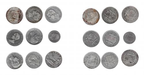 301   -  ALFONSO XII. Lote de 9 monedas: 5 pesetas (8) y 2 pesetas (1). Gobierno Provisional (1), Amadeo I (1), Alfonso XII (5), Alfonso XIII (2). De BC+ a MBC-.