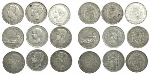 302 - ALFONSO XII. Lote de 9 monedas de 5 pesetas: Gobierno Provisional (1), Amadeo I (2), Alfonso XII (4) y Alfonso XIII (2). De MBC- a MBC.