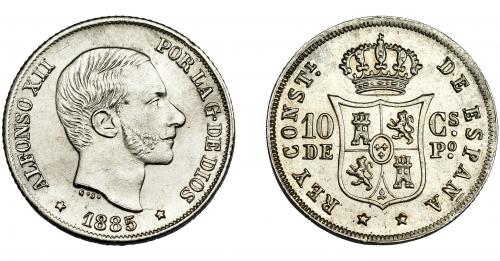 303 - ALFONSO XII. 10 centavos de peso. 1885. Manila. VII-56. EBC.