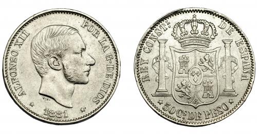 304   -  ALFONSO XII. 50 centavos de peso. 1881. Manila. VII-75. MBC.
