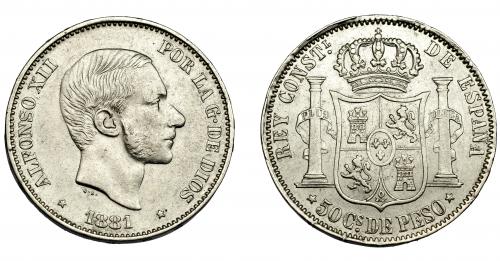 304 - ALFONSO XII. 50 centavos de peso. 1881. Manila. VII-75. MBC.