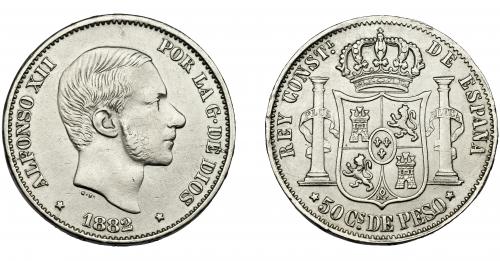 305   -  ALFONSO XII. 50 centavos de peso. 1882. Manila. VII-77. MBC.