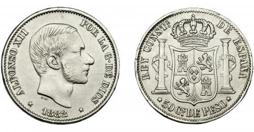 305 - ALFONSO XII. 50 centavos de peso. 1882. Manila. VII-77. MBC.
