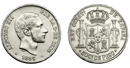 306   -  ALFONSO XII. 50 centavos de peso. 1885. Manila. VII-80. EBC-.