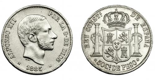 306 - ALFONSO XII. 50 centavos de peso. 1885. Manila. VII-80. EBC-.