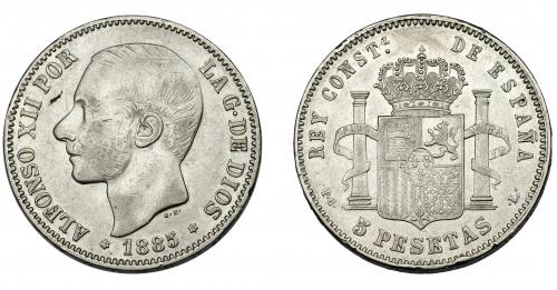 307   -  ALFONSO XII. 5 pesetas. 1885. Falso de época en plata. Madrid. PGL. Rayitas. Golpes en canto. Hoja. MBC.