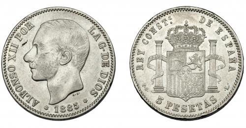 307 - ALFONSO XII. 5 pesetas. 1885. Falso de época en plata. Madrid. PGL. Rayitas. Golpes en canto. Hoja. MBC.