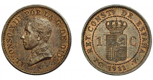 308 - ALFONSO XIII. Céntimo. 1911. Madrid. PCV. VII-128. EBC-.