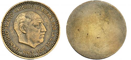 309 - FRANCISCO FRANCO. 1 peseta. 1963. Sin reverso. Publicada en Gaceta Numismática, 135, XII-1999. MBC.