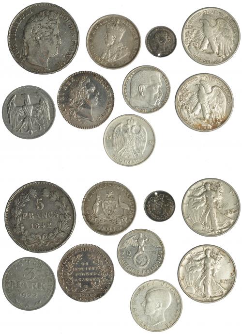 313 - MONEDAS EXTRANJERAS. Lote de 8 monedas y 1 medalla: 1 florín Australia, 3 chelines Inglaterra, 20 dinara de Yugoslavia, medio dólar de Estados Unidos (2), 5 francos de Luis Felipe I, una moneda de Luis XV, 3 marcos de la República de Weimar, y 1 moneda de Alemania de 1939. MBC-/EBC.