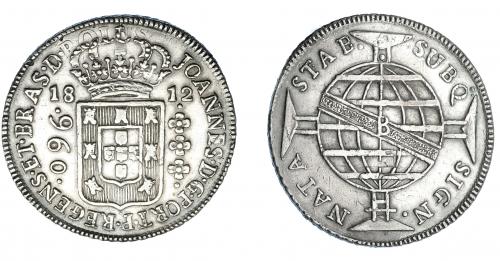 317   -  MONEDAS EXTRANJERAS. BRASIL. 960 Reis. 1812 (B). Reacuñados sobre 8 reales de Carlos IV. KM-307.1. MBC.