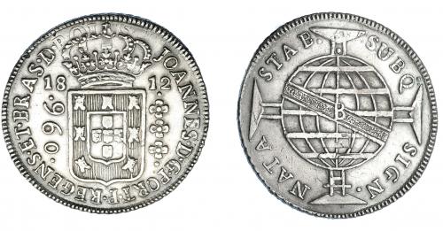 317 - MONEDAS EXTRANJERAS. BRASIL. 960 Reis. 1812 (B). Reacuñados sobre 8 reales de Carlos IV. KM-307.1. MBC.