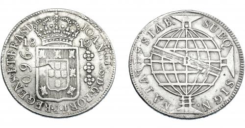 318 - MONEDAS EXTRANJERAS. BRASIL. 960 Reis. 1813 (B). Reacuñados sobre 8 reales de Carlos IV. KM-307.1. MBC-.