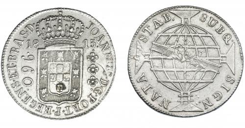 319 - MONEDAS EXTRANJERAS. BRASIL. 960 Reis. 1815 (R). Reacuñados sobre 8 reales de Fernando VII de México (HJ). KM-307.3. Rayita en anv. MBC.