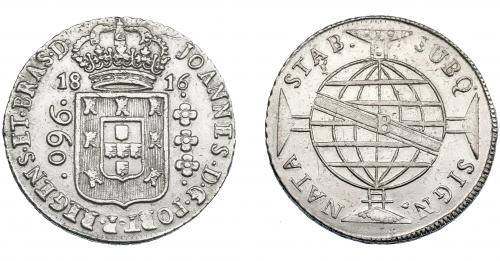 321   -  MONEDAS EXTRANJERAS. BRASIL. 960 Reis. 1816 (B). Reacuñados sobre 8 reales de Carlos III de Potosí (JR). KM-307.1. MBC+.