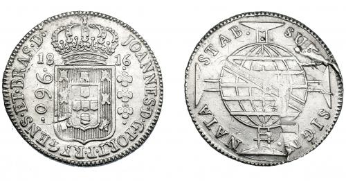 322   -  MONEDAS EXTRANJERAS. BRASIL. 960 Reis. 1816 (B). Reacuñados sobre 8 reales de Carlos IV, posiblemente de México (TH). KM-307.1. Defecto de acuñación. MBC/MBC-.