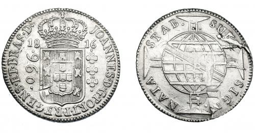 322 - MONEDAS EXTRANJERAS. BRASIL. 960 Reis. 1816 (B). Reacuñados sobre 8 reales de Carlos IV, posiblemente de México (TH). KM-307.1. Defecto de acuñación. MBC/MBC-.