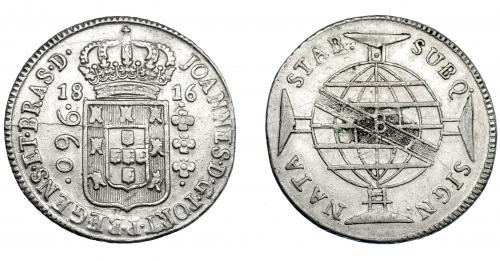 323 - MONEDAS EXTRANJERAS. BRASIL. 960 Reis. 1816 (B). Reacuñados sobre 8 reales, sin datos visibles. MBC.