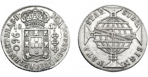 324   -  MONEDAS EXTRANJERAS. BRASIL. 960 Reis. 1817 (R). Reacuñados sobre 8 reales de Carlos IV, posiblemente de México. KM-307.3. MBC.