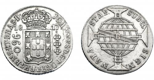 324 - MONEDAS EXTRANJERAS. BRASIL. 960 Reis. 1817 (R). Reacuñados sobre 8 reales de Carlos IV, posiblemente de México. KM-307.3. MBC.