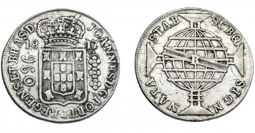325 - MONEDAS EXTRANJERAS. BRASIL. 960 Reis. 1817 (R). Reacuñados sobre 8 reales de Carlos IV de México (FT). KM-307.3. MBC-.