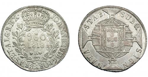 326 - MONEDAS EXTRANJERAS. BRASIL. 960 Reis. 1818 (R). Reacuñados sobre 8 reales, sin datos visibles. KM-326.1. MBC.
