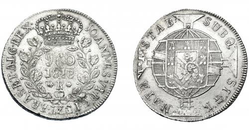 327 - MONEDAS EXTRANJERAS. BRASIL. 960 Reis. 1818 (R). Reacuñados sobre 8 reales de Carlos III de Lima (MI). KM-326.1. MBC.