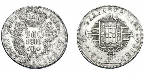 328 - MONEDAS EXTRANJERAS. BRASIL. 960 Reis. 1819 (R). Reacuñados sobre 8 reales de Carlos IV de Lima (JP). Nombre y ordinal del rey completos. KM-326.1. MBC-.