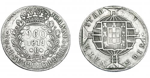 329   -  MONEDAS EXTRANJERAS. BRASIL. 960 Reis. 1819 (R). Reacuñados sobre 8 reales de Fernando VII de Lima (JP). KM-326.1. MBC-. 