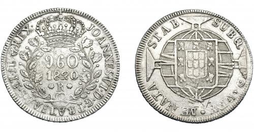 331 - MONEDAS EXTRANJERAS. BRASIL. 960 Reis. 1820. Reacuñados sobre 8 reales, posiblemente de 1819, de Lima (JP). KM-326.1. MBC+/MBC.