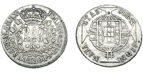 332 - MONEDAS EXTRANJERAS. BRASIL. 960 Reis. 1820 (R). Reacuñados sobre 8 reales, sin datos visibles. KM-326.1. MBC-.