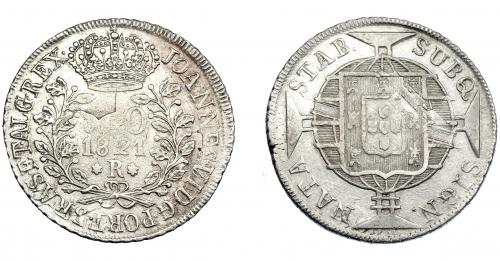 333   -  MONEDAS EXTRANJERAS. BRASIL. 960 Reis. 1821 (R). Reacuñados sobre 8 reales de Carlos IV, busto visible, posiblemente acuñados en México. EBC-/MBC.