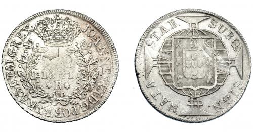 333 - MONEDAS EXTRANJERAS. BRASIL. 960 Reis. 1821 (R). Reacuñados sobre 8 reales de Carlos IV, busto visible, posiblemente acuñados en México. EBC-/MBC.