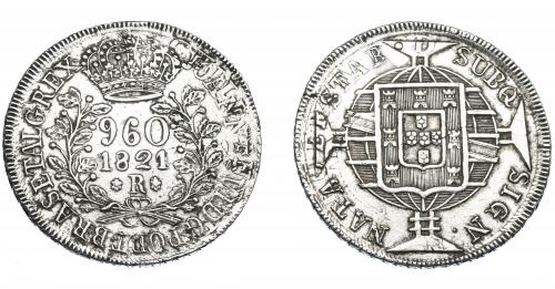334 - MONEDAS EXTRANJERAS. BRASIL. 960 Reis. 1821 (R). Reacuñados sobre peso de Chile, tipo volcán y columna. KM-326.1. MBC- Muy escasa.