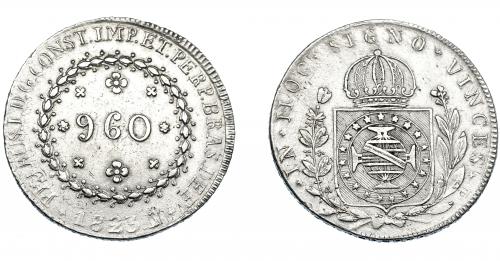 335   -  MONEDAS EXTRANJERAS. BRASIL. 960 Reis. 1823 (R). Reacuñados sobre 8 reales de Fernando VII de Lima (JP). Km- 368.1. MBc.