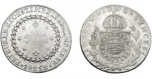 336   -  MONEDAS EXTRANJERAS. BRASIL. 960 Reis. 1825 (R). Reacuñados sobre 8 reales de Fernando VII, posiblemente de Potosí. KM- 368.1. MBC.