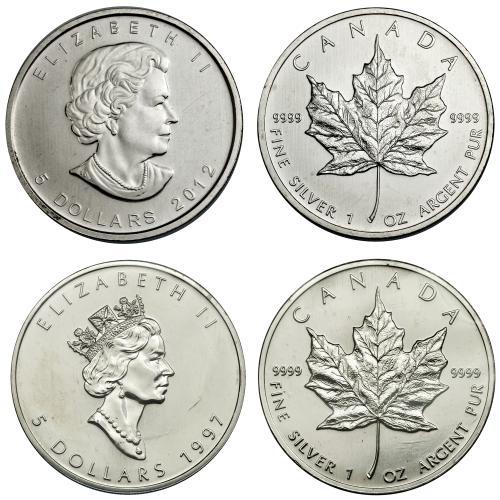 338 - MONEDAS EXTRANJERAS. CANADÁ. Lote 2 piezas de 5 dólares. 1977 y 2012. SC.