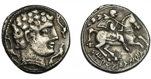 34 - HISPANIA ANTIGUA. ILTIRTASALIRBAN. Denario. A/ Cabeza masculina a der.,alrededor tres delfines. R/ Jinete a der. con palma y clámide, debajo ILTiRTaSALIRBaN. AR 3,84 g. 18,76 mm. I-1455. ACIP-1242. Ligeramente abrillantada. Pequeñas marcas. MBC-.