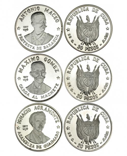 342   -  MONEDAS EXTRANJERAS. CUBA. Lote de 3 monedas de 20 pesos de 1977. I. Agramonte, M. Gómez y A. Macao. KM-38,39 y 40. Prueba.