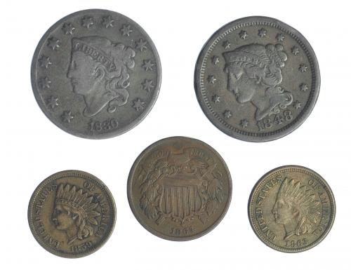 344   -  MONEDAS EXTRANJERAS. ESTADOS UNIDOS. Lote de 5 monedas de 1 centavo (4) de 1830,1848,1859,1863; y de 2 centavos de 1864. BC+/MBC+.