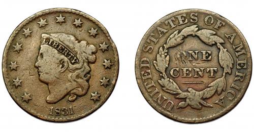 347 - MONEDAS EXTRANJERAS. ESTADOS UNIDOS. Centavo. 1831. KM-45. Rayitas en rev. BC.